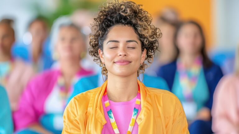 image is about mental health in which lady with smiling face practice meditation and mindfulness.